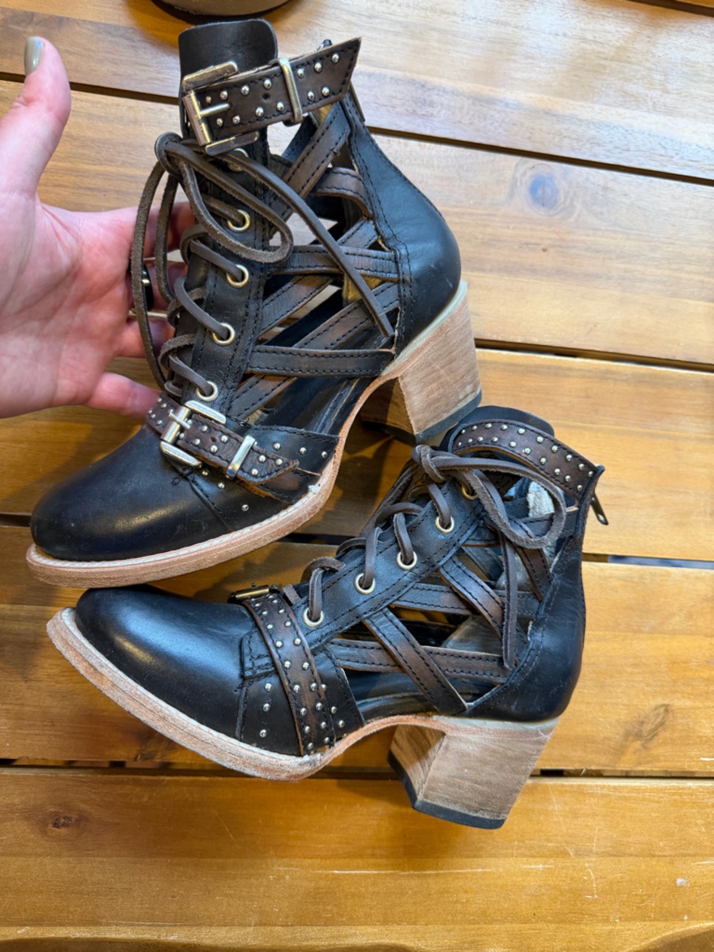 Freebird by Steven Black and Brown Studded Lace-Up Heeled Boots